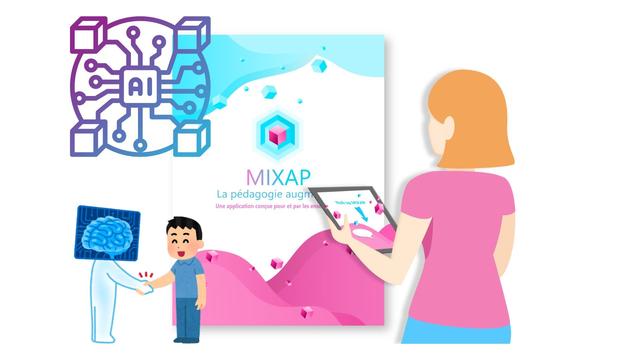 logo de mixap avec un signe de l'IA qui sert la main à un enseignant