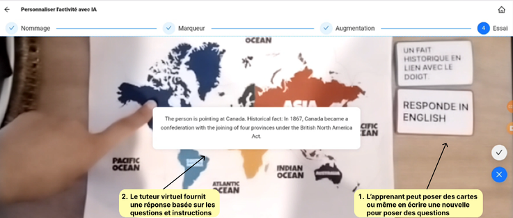 Troisième module d'IA de MIXAP qui permet aux apprenants de poser des questions en utiliser des cartes question et en posant le doigt sur le continant qui l’intéresse.