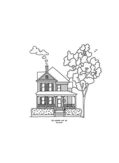 Illustration of the house in Atlanta where Dr. Martin Luther King grew up, in black and white, with smoke from the chimney becoming dream clouds.