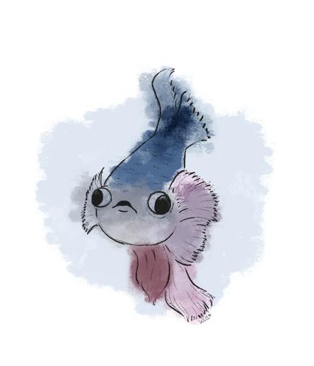 A digital color drawing of a fish, painted in watercolor style, with blue and pink tones.