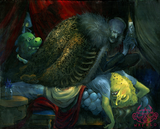 Pintura de nosferatu 2024 sobre el cadaver de bob esponja, los colores son brillantes y nosferatu esta encendiendo una luz
