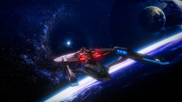 Uss Enterprise G in space from behind and slightly above. In the distance there's a bright star in the middle of a spiral star field, it looks like the Enterprise is heading towards it. below is a dark blue planet, a larger and a smaller moon on the right side, the larger one partially hidden behind the planet