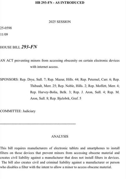 A screenshot of the text of HB293.

You can read the whole thing in the link but I mainly wanted people to see without clicking that this only applies to tablets and smart phones and that it requires the manufacturer to come up with a filter and it creates civil and criminal penalties for people or manufacturers who help a minor get around the filter.