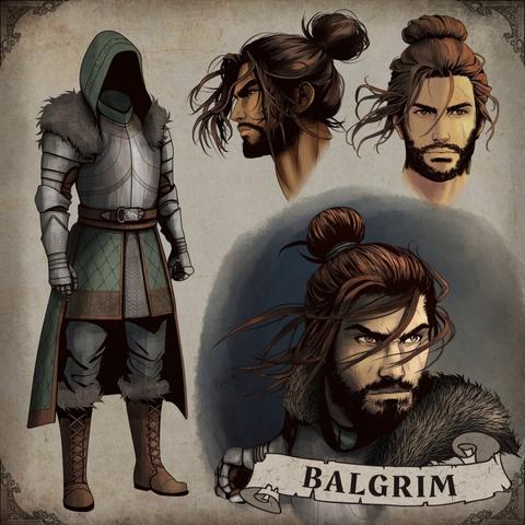 Text: Balgrim. 

Drawings: A man with a dark greying hair up in a bun. There are some loose strands. He has scruffy facial hair, and scars. His clothes are a breastplate and arm guards, a hood, pants, and leather boots.