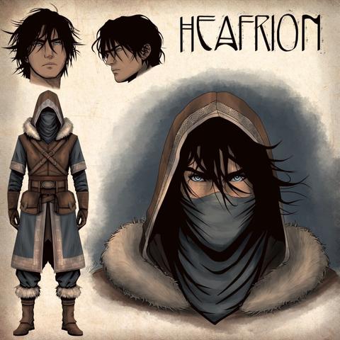 Text: Heafrion

Image: A young man with black hair, olive skin, and blue eyes. His skin is covered in scars. His clothes are a viking-inspired tunic, leather armour, a hood, a scarf, and fur-lined leather boots.