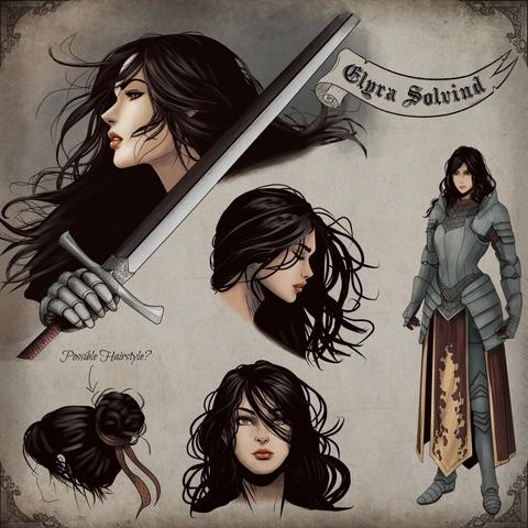 Text: Elyra Solvind

Images: a woman with long black hair and brown eyes. She has a breastplate over a tabard that is red with yellow flames.