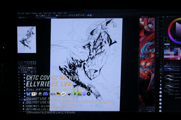 Half inked comic cover featuring one depressed cockatoo woman. Picture is on a wacom screen. Art by Ellyrieve LVK all rights reserved.