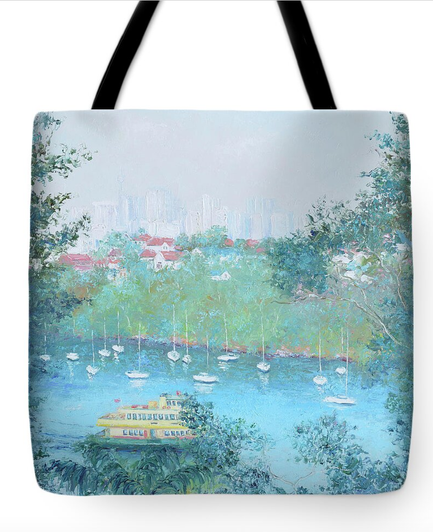 A tote bag with a design from my original painting of The Mosman Bay Ferry and Sydney Skyline impression. Featured are Mosman, the ferry and sail boats moored in the harbour.