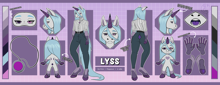 - Drawing Type:
Reference Sheet

- [ 1 ] Character/s:
* Furry / Male / Pegasus

- Background:
Simple

- Description:
Reference sheet of my OC Lyss. This version have 2 fullbodys in normal style [Front and back version], 2 fullbodys in chibi style [front and back version], 3 icons, zoom on eyes and mouth; 1 sectiof for objects [A collar] and 1 section for hands and hoves.

The character is a pegasus [with no wings so it looks like an unicorn] with white fur and purple deails on his limbs, as well of blue hair and a purple horn