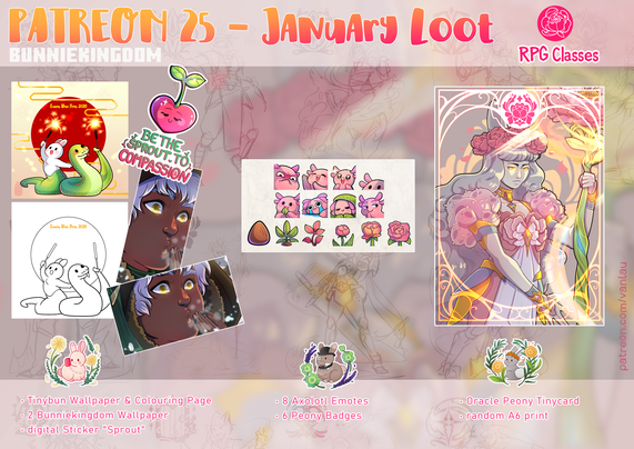 Vorschau für Patreon Rewards.
Links zu sehen sind Bilder zum Lunar New Year, 2 Wallpaper zum Bunniekingdom und ein Sticker "Be the Sproud to Compassion".
Mittig zu sehen sind Axolotl Emotes und Peony Badges. 
Rechts zu sehen ist die Tinycard mit Peony als Cleric Klasse.
