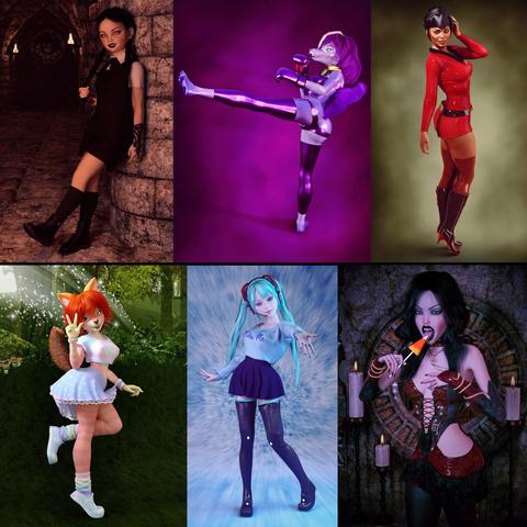 3D art of pretty girls doing pinup poses.