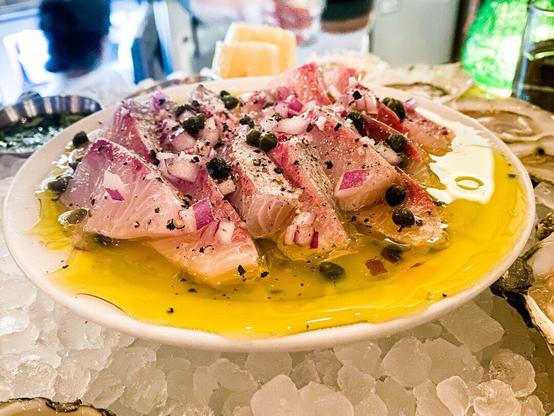 A plate of Yellowtail Crudo from Found Oyster in Los Angeles.