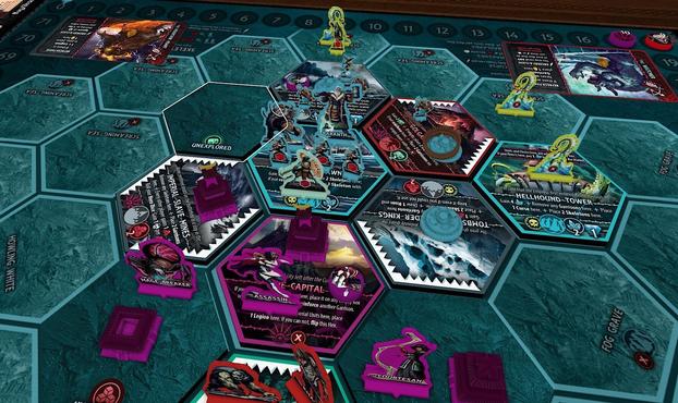 Mid-game 3/4 tabletop simulator shot of a two player Curse of the Last Emperor game. Light blue faction is preparing to be attacked by the Mage Breaker while the Assassin sits on the Legion's capital.