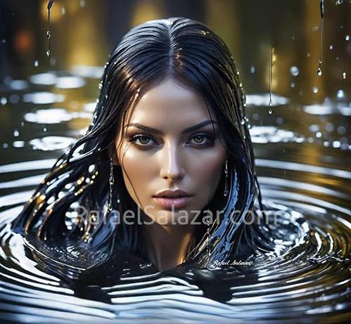 A striking portrait of a woman emerging from reflective waters, her hair sleek and adorned with droplets, surrounded by golden-hued ripples by artist Rafael Salazar