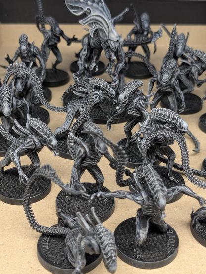 Eine Nahaufnahme mehrerer detailreicher Miniaturen von Xenomorph-ähnlichen Kreaturen, die auf runden schwarzen Basen stehen. Die Miniaturen sind in dunklen Farben mit hellen Trockenbürsteffekten bemalt, um ihre biomechanische Struktur hervorzuheben. In der Mitte des Bildes befindet sich eine größere Kreatur mit einem ausgeprägten Kopfschild, während die anderen Kreaturen bedrohliche Posen mit ausgestreckten Klauen und geschwungenen Schwänzen einnehmen. Der Hintergrund ist neutral und aus hellem Material, wodurch die dunklen Figuren besonders hervorstechen.