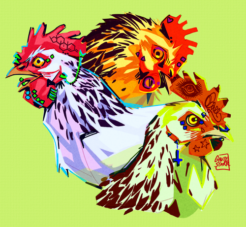 A drawing of 3 chickens in various bright colours, all with piercings in their combs and wattles.