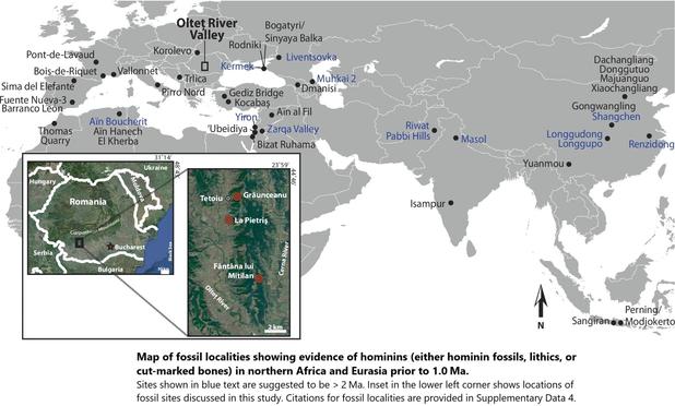 maps - Map of fossil localities showing evidence of hominins (either hominin fossils, lithics, or cut-marked bones) in northern Africa and Eurasia prior to 1.0 Ma.