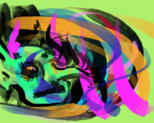Many colors are smeared in a digital approximation of a fan brush.
Opening image in full resolution will show you that the brush is made of text.
'goblinsoftingoblinsloft' or something similar.

Pressure sensitive, configured for tilt and rotation in krita.

A goblin face?