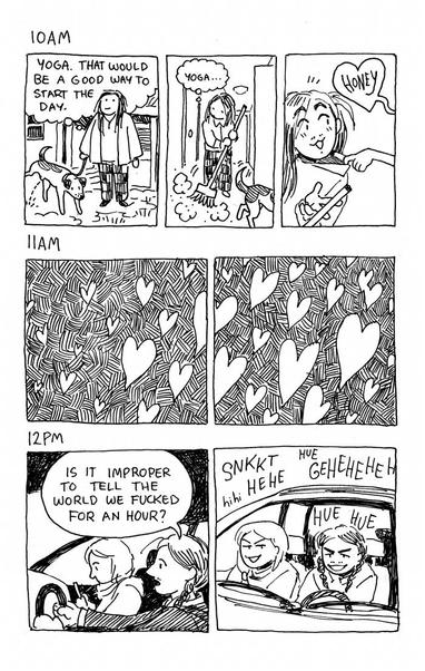 Hourly Comics. 10am shows Jack letting the dog out and sweeping the house. Jack thinks "Yoga. That would be a good way to start the day. Yoga..." Then, Umbrulla grabs him by the collar. "Honey~" 11am is nothing but panels overflowing with hearts and hatching. 12pm shows Jack driving Umbrulla downtown. "Is it improper to tell the world we fucked for an hour?" Jack asks. The two of them giggle salaciously.
