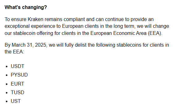 Kraken announces the delisting of USDT and EURT.