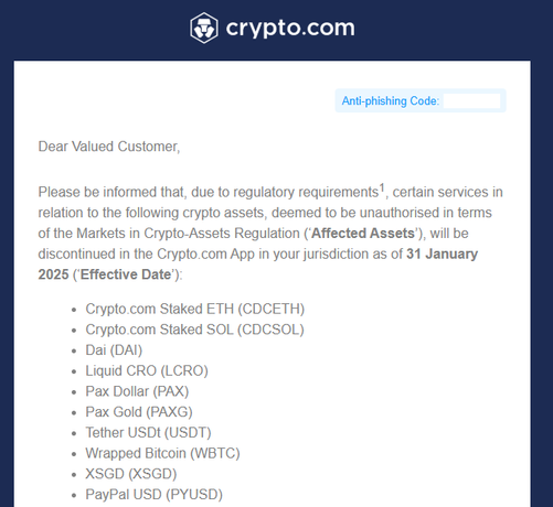 Crypto.com announcing the delisting of USDT.