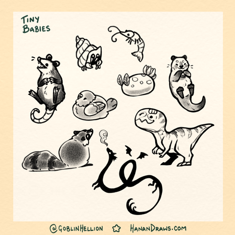 Tiny Babies tattoo flash sheet, showing 9 small designs. A shrimp, hermit crab, nudibranch, otter, possum, bird/pigeon, t. Rex, raccoon, and a dragon.
