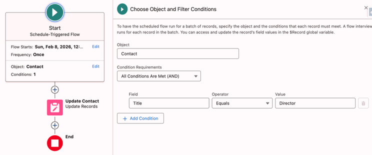 Schedule-triggered flow start element configured