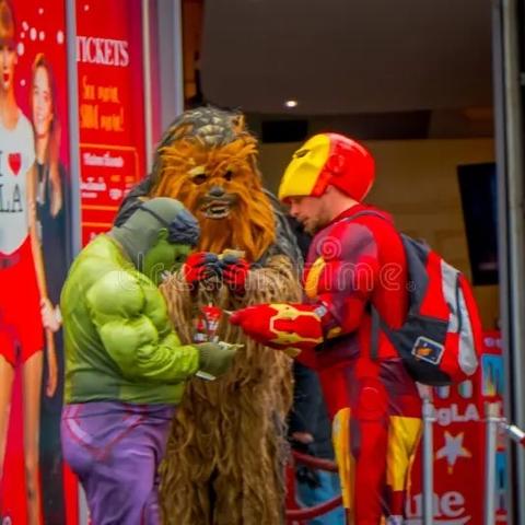 Chewbacca, Hulk, and Ironman meeting up on the streets of Hollywood