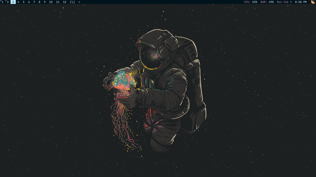 DWM screenshot with the bar set up on the top displaying multiple virtual screens, cpu/ram data, date, time, and a widget for Clementine.  Wallpaper is of an astronaut in space with his hands around something like a jellyfish.