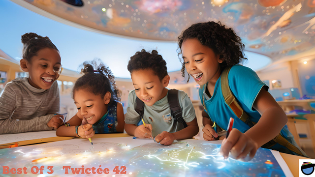 Quatre enfants dessinent sur une grande tablette lumineuse.
