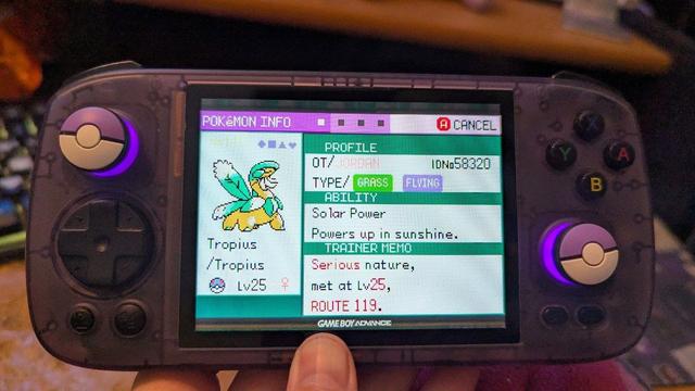 A shiny Tropius which is a brontosaurus looking Pokémon with leaf wings and bananas around its neck.