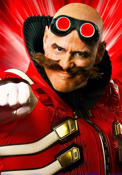 Picture of Robotnik from the Sonic films. Jim Carrey. Red background. Red outfit, big moustache.