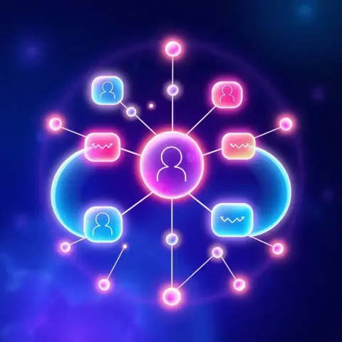 Eine Art Social-Network oder Social-Graph. In der Mitte ist ein Icon einer Person, von dem mehrere Linien zu weiteren Personen/Icons verlaufen und diese miteinander verbinden.