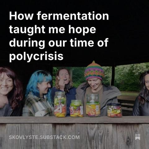A group of people smiling and laughing, one with blue hair, one with a rainbow crochet hat on, with rainbow pickles in second hand jars of different shapes in the foreground