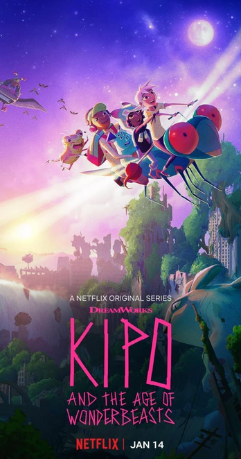 The promotional poster for The Netflix and DreamWorks cartoon Kipo and the age of wonderbeasts.

It features a city overgrown with trees and other vegetation at dawn with a pink human teenage girl with white hair piloting a giant bug (dragonfly?) through the air. Behind her also on the giant bug are a shorter black girl wearing a wolf hat, a 4 eyed blue pig, a teenage black boy wearing headphones and a green cap, and another smaller bug looking upset and holding onto the boy's backpack, not actually seated on the larger bug. In the background you can see what appears to be a pink car with wings in pursuit of the giant bug.

Below the people in the wooded city, you can see a giant bunny peering turned slightly to peer at the camera.