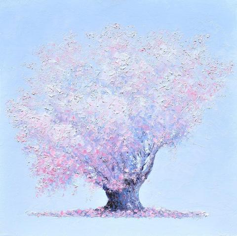 An oil painting of an old Japanese Cherry Blossom tree with a robust trunk.  It has a canopy of soft, pastel blossoms in shades of pink and white against a serene light blue background. Petals lay beneath the tree.