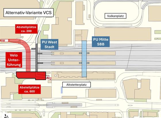 Projektskizze des VCS Zürich: Wir schlagen eine neue Velounterführung, getrennt von den Fussgänger:innen, vor, mit Anschluss an die Vulkanstrasse.