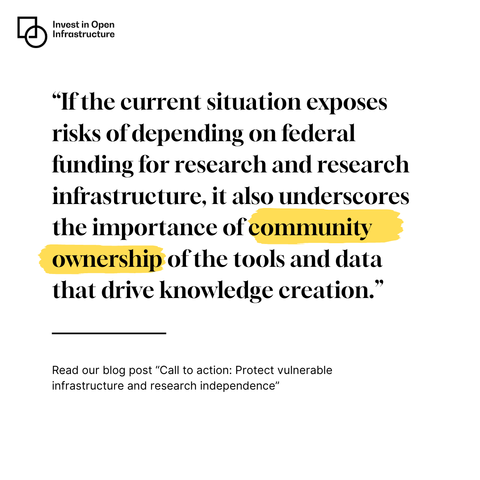 "'If the current situation exposes risks of depending on federal funding for research and research infrastructure, it also underscores the importance of community ownership of the tools and data that drive knowledge creation.' Read our blog post 'Call to action: Protect vulnerable infrastructure and research independence'." Community ownership is highlighted.