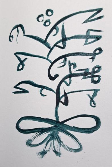 Sylvin words, with letters that branch upwards and outwards, like a gowing plant! The words are separated by line breaks, ascending by branches to either side. The first two branches of a line extend to the right.

Still very sloppy.