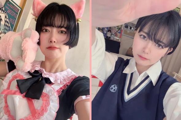 Left: Chiyo as a pink maid
Right: Chiyo as a boy in blue