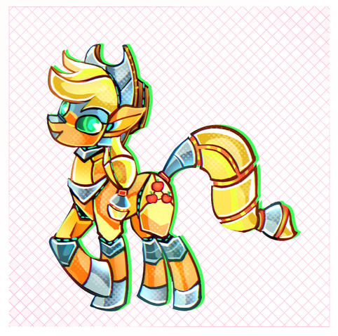 Digital illustration of a robot Applejack, a pony from MLP. She's orange, with silver accents, and has yellow, synthetic sections that imitates blonde hair and mande. She has a brown hat, green eyes, and on her flanks, a mark that ressembles 3 apples. She's posing in a courteous manner, and smiling.