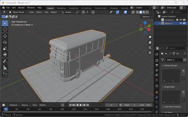 Image is a screenshot of Blender 3D DCC tool with a grey voxel model of a Volkswagen classic style camper van on a road. The model has been exported from Avoyd Voxel Editor to the glTF binary format, which is currently a work in progress so lacks materials.
