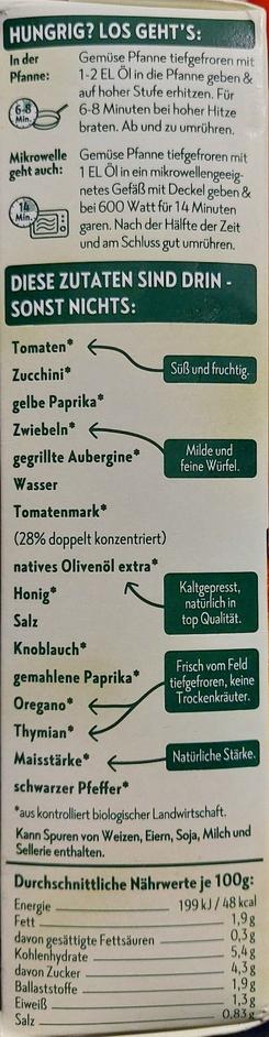Zubereitung, Inhaltsangabe und Nährwerte des Produkts.
