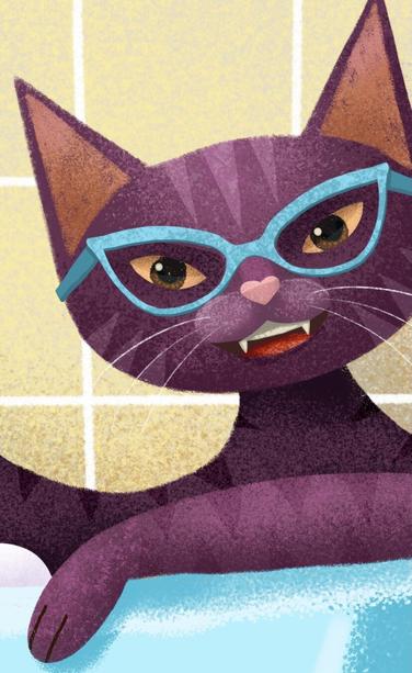 Tightly cropped drawing of a purple tabby cat sitting in a bubble bath, wearing blue “cat’s eye” glasses. Tiled background.