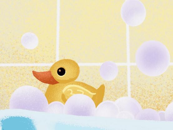Cropped image from illustration of a cat in a bathtub wearing glasses. This depicts a yellow rubber ducky floating in a bubble bath. The background has pale yellow tiled wall. Very textured drawing.
