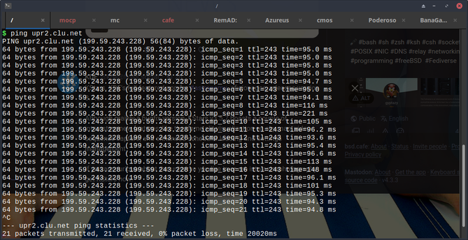 screenshot shows a terminal window displaying the results of a ping test to upr2.clu.net, with 21 packets transmitted and received, and 0% packet loss. The ping statistics show individual response times in milliseconds. To the right, a portion of a web browser window is visible, displaying a Mastodon instance's homepage and some hashtags related to networking and programming.