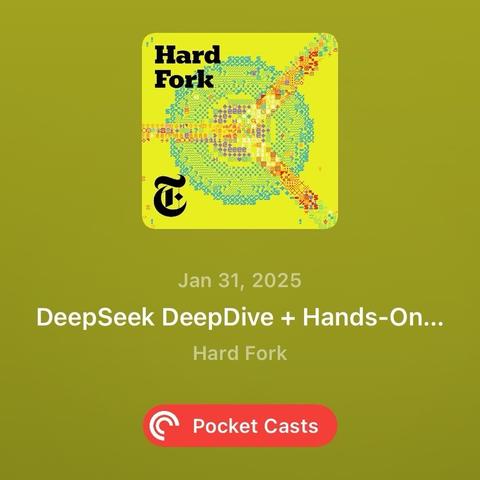 A podcast cover for "Hard Fork" featuring colorful digital patterns on a bright yellow background. The title "Hard Fork" is prominently displayed, along with the date "Jan 31, 2025" and the episode title "DeepSeek DeepDive