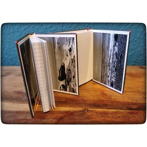 Zwei A6- Notizbücher, aufgeklappt. Sie sind in schwarzem Krokodil eingebunden. Auf den Innenseiten wurden Fotos von einem Strand geklebt, um die miesen Verklebungen zu verstecken ;) Die Fotos sind von Klitkrieg gemacht.