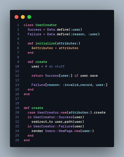 Screenshot of this code:

class UserCreator
  Success = Data.define(:user)
  Failure = Data.define(:reason, :user)

  def initialize(attributes:)
    @attributes = attributes
  end

  def create
    user = # do stuff

    return Success[user:] if user.save

    Failure[reason: :invalid_record, user:]
  end
end


def create
  case UserCreator.new(attributes:).create
  in UserCreator::Success(user)
    redirect_to user_path(user)
  in UserCreator::Failure(user)
    render Users::NewPage.new(user:)
  end
end