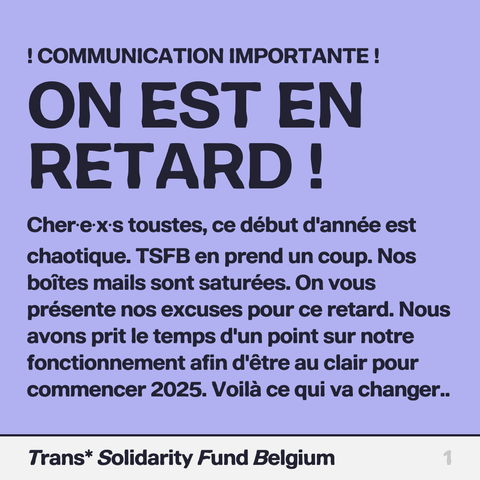 ! COMMUNICATION IMPORTANTE! 
ON EST EN RETARD!

Cher-e-x's toustes, ce début d'année est chaotique. TSFB en prend un coup. Nos boites mails sont saturées. On vous présente nos excuses pour ce retard. Nous avons prit le temps d'un point sur notre fonctionnement afin d'être au clair pour commencer 2025. Voila ce qui va changer.. 

Trans* Solidarity Fund Belgium